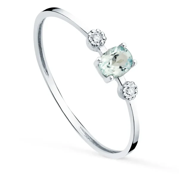 Anillo Oro Blanco Diamantes y Agua Marina
